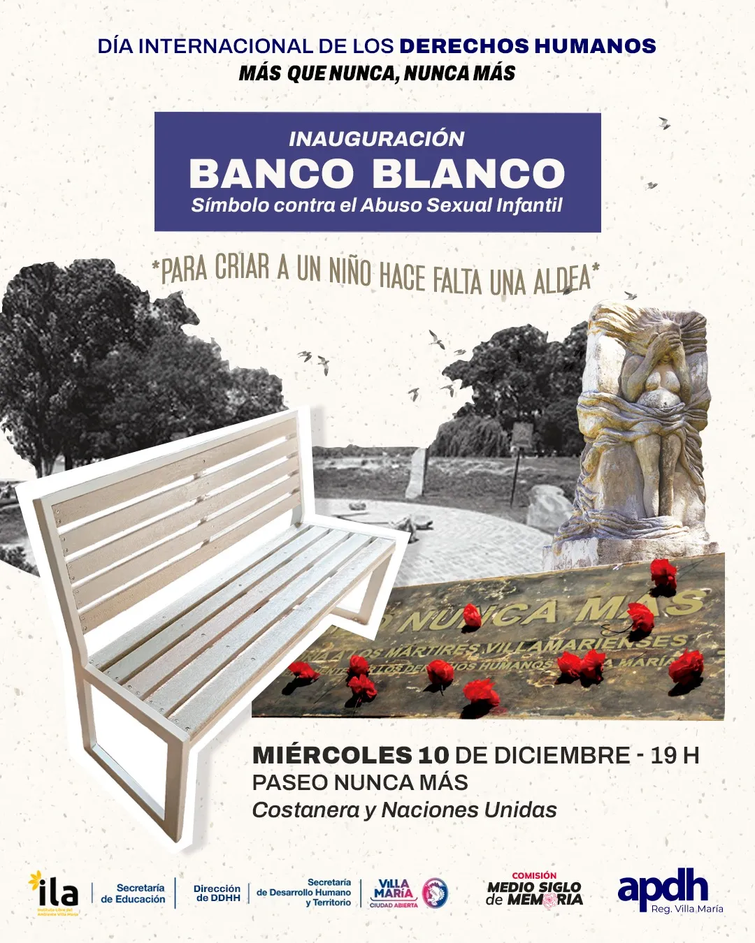 Un banco blanco para la memoria y la protección de la infancia