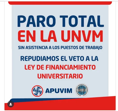 Paro total en la UNVM: repudio al veto a la Ley de Financiamiento Universitario