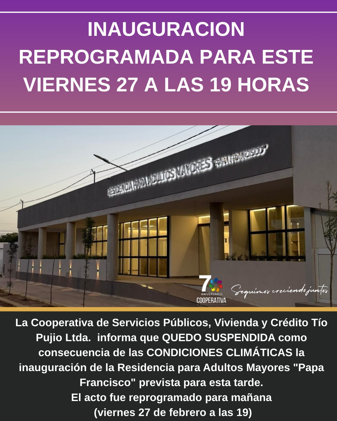 La inauguración de la Residencia Papa Francisco fue reprogramada para el viernes 27 a las 19 horas