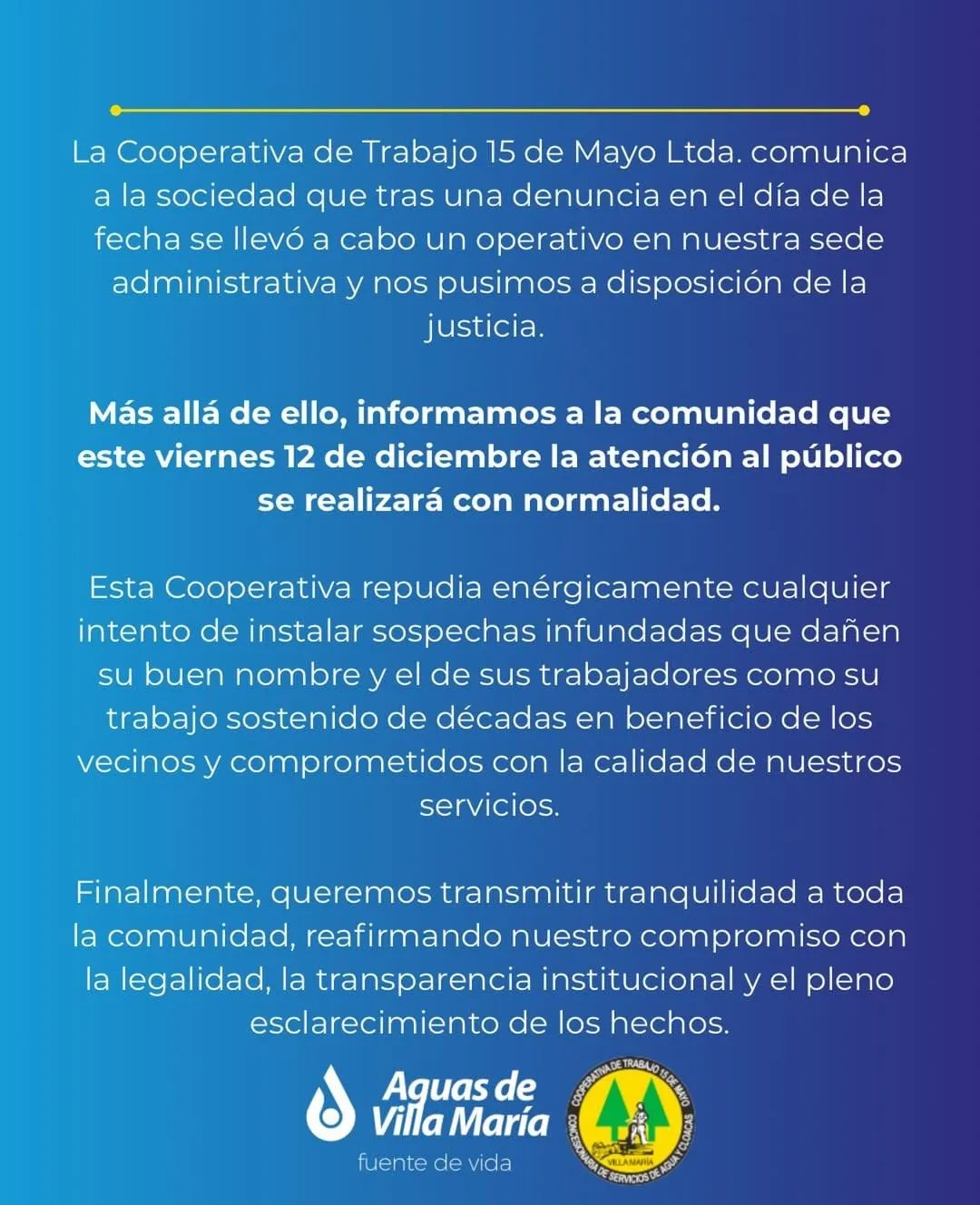Fuente: Instagram oficial de la Cooperativa de Aguas de Villa María