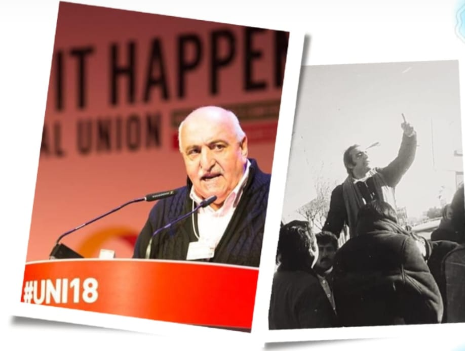 Foto izquierda en Liverpool 2018 por la Previsión Social y foto derecha en 1975 en un paro frente a Baravalle.