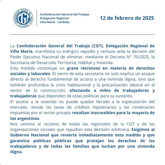 Fuente: Gentileza del instagram de la CGT Villa María